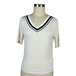 OVV White Blue V-Neck Short Sleeve Slim Fit Wool Silk Sweater Women's Size M